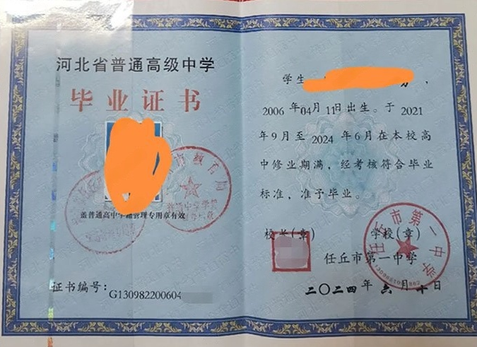 云南任丘市第一中学高中毕业证样本图片