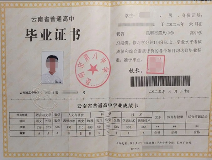 云南昆明市第八中学高中毕业证样本