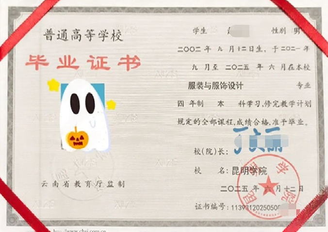 云南昆明学院毕业证样本图片
