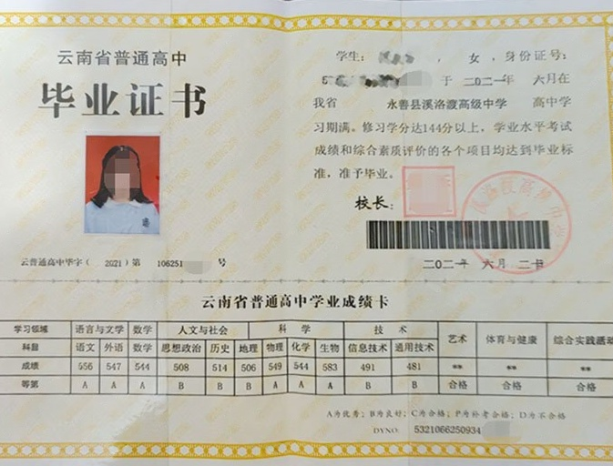 云南永善县溪洛渡高级中学高中毕业证样本