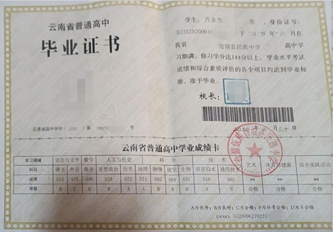 云南沧源佤族自治县民族中学高中毕业证样本